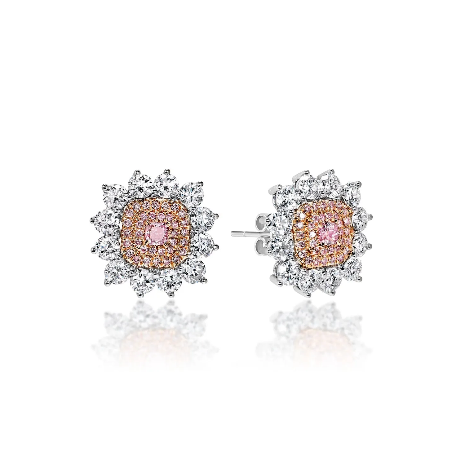 Sara 4 Carat Fancy Intense Purplish Pink Radiant Cut Diamond Stud Earrings in 18k White Gold GIA Certified by Mike Nekta