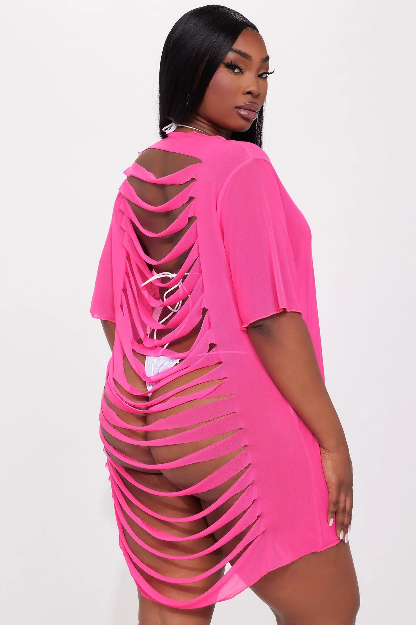 Shaina Ripped Cutout Mesh Cover Up - Hot Pink