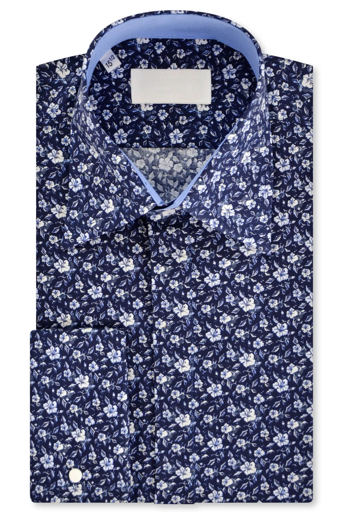 White Floral over Indigo Forward Point Collar Shirt