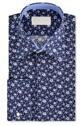 White Floral over Indigo Forward Point Collar Shirt